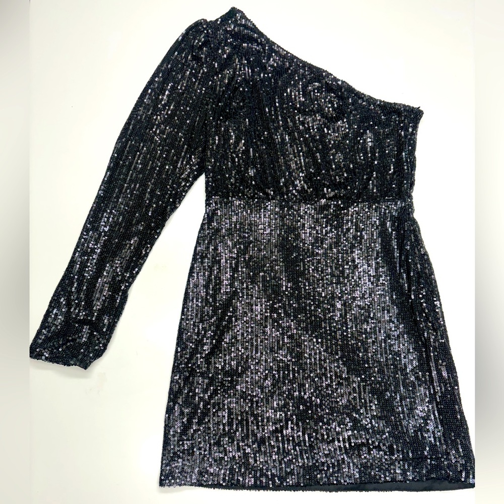 Endless Rose One Shoulder Sequin mini Dress in Black
